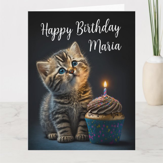 Lovely Kitten Wishing Happy Birthday, Customisable Card (Front)