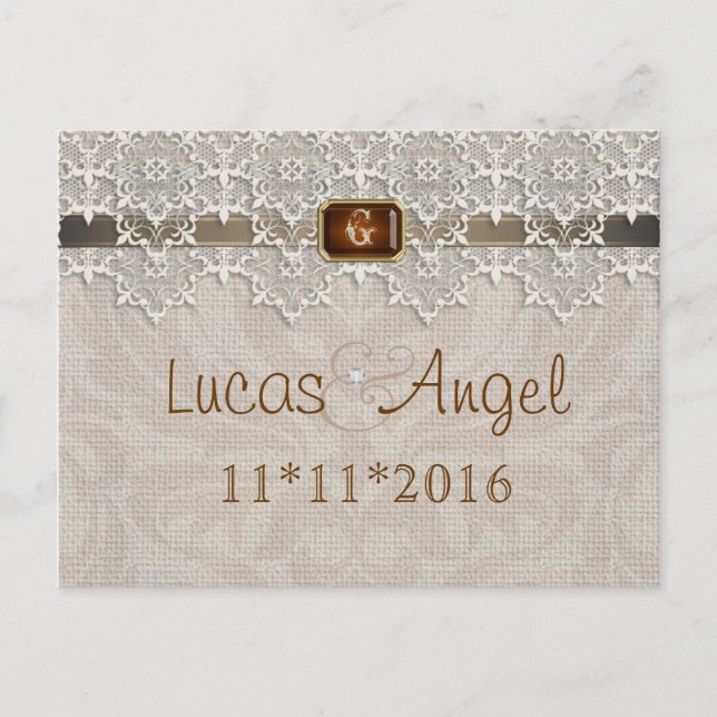 Lovely Lace & Burlap Chic Save The Date Postcard (Front)