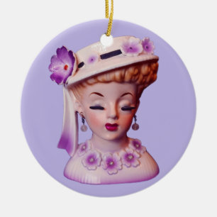 Lovely Lady Head Vase Purple Flowers 1960s Doll  Ceramic Ornament