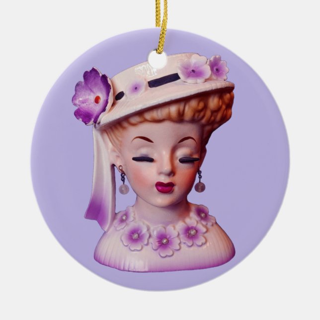Lovely Lady Head Vase Purple Flowers 1960s Doll  Ceramic Ornament (Front)