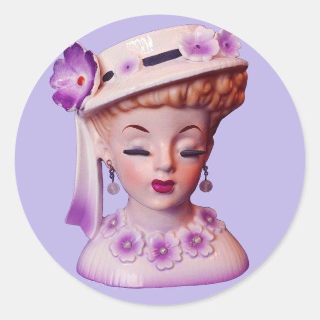 Lovely Lady Head Vase Purple Flowers 1960s Doll  Classic Round Sticker (Front)
