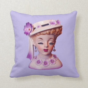 Lovely Lady Head Vase Purple Flowers 1960s Doll Cushion