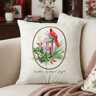 Lovely lantern with holly and cardinal Christmas Cushion