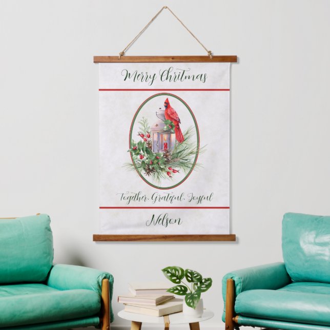 Lovely lantern with holly and cardinal Christmas  Hanging Tapestry (Living Room)