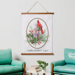 Lovely lantern with holly and cardinal Christmas Hanging Tapestry