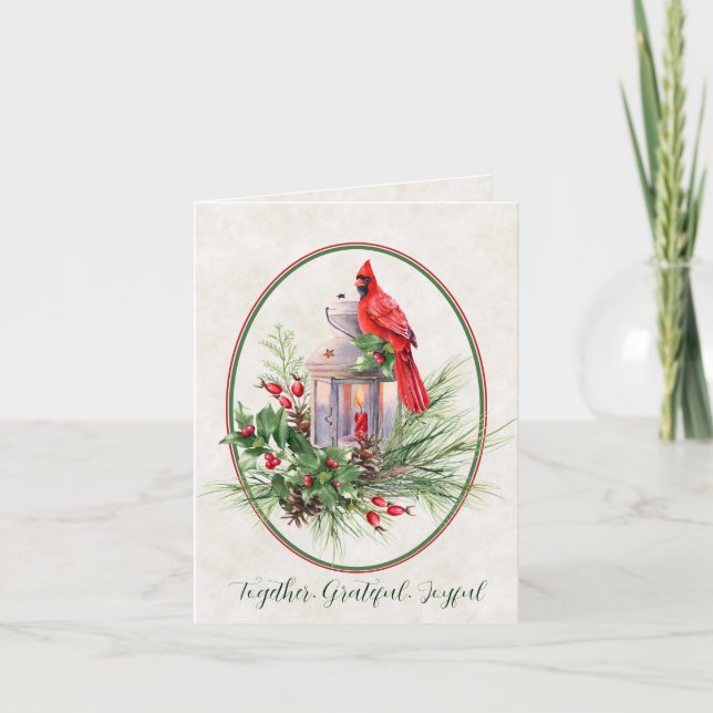 Lovely lantern with holly and cardinal Christmas Holiday Card (Front)