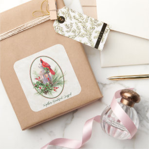 Lovely lantern with holly and cardinal Christmas Square Sticker
