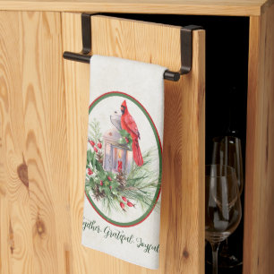 Lovely lantern with holly and cardinal Christmas  Tea Towel