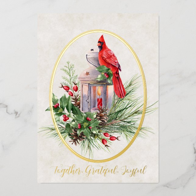 Lovely lantern with holly and cardinal foil foil holiday card (Front)