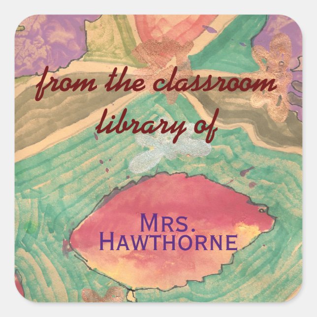 Lovely leaves personalized teacher bookplate square sticker (Front)