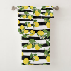 Lovely Lemons and Blossoms on Stripes Bath Towel Set