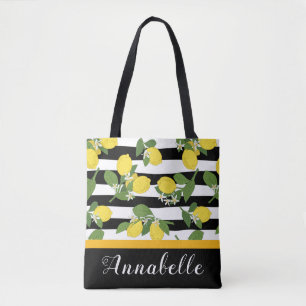 Lovely Lemons and Blossoms on Stripes Personalise Tote Bag