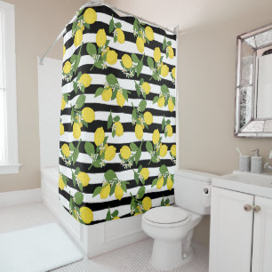 Lovely Lemons and Blossoms on Stripes Shower Curtain
