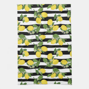 Lovely Lemons and Blossoms on Stripes Tea Towel