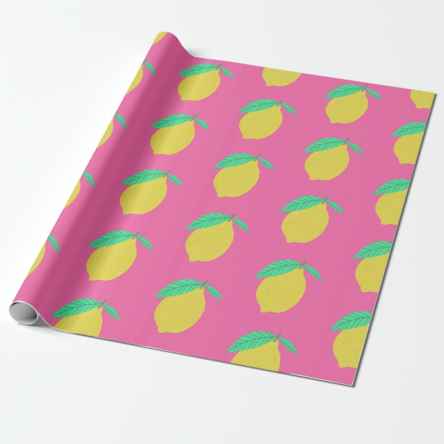 Lovely Lemons Fruity Fun Yellow Pink Green Wrapping Paper (Unrolled)