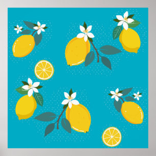 lovely lemons yellow lemons, on blue background  poster