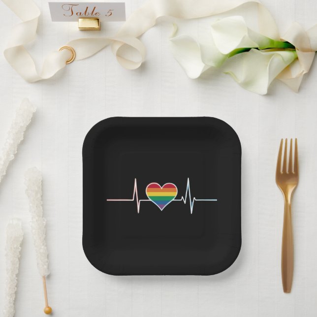 Lovely LGBT Gay Pride Heartbeat Lesbian Gays Love Paper Plate (Wedding)