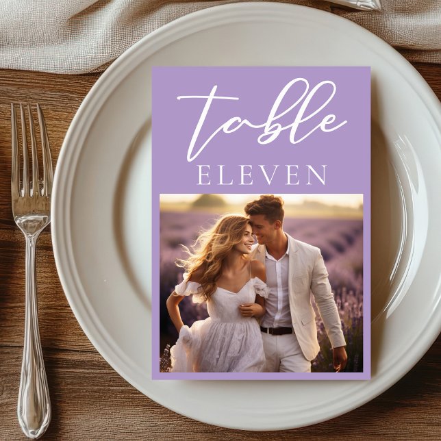 Lovely Lilac White Script Couple Photo Wedding Table Number (Creator Uploaded)