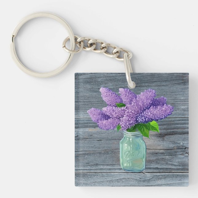 Lovely Lilacs  In Rustic Mason Jar Key Ring (Front)