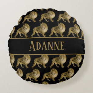 Lovely Lions Gold and Black Print Round Cushion