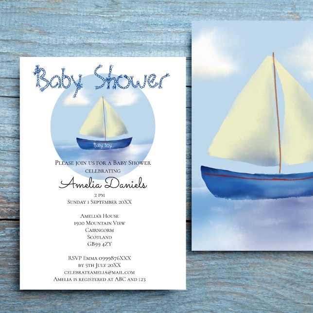 Lovely Little Blue Sailboat Boys Baby Shower Invitation (Creator Uploaded)