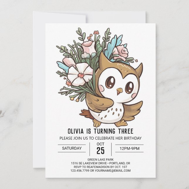 Lovely Little Digital Owl Birthday Invitation (Front)