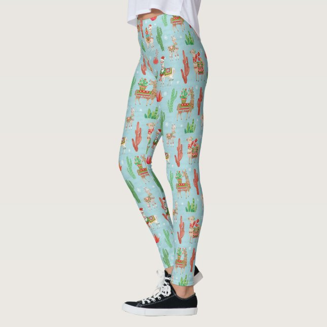 Lovely Llamas Christmas Light Teal Pattern Leggings (Left)