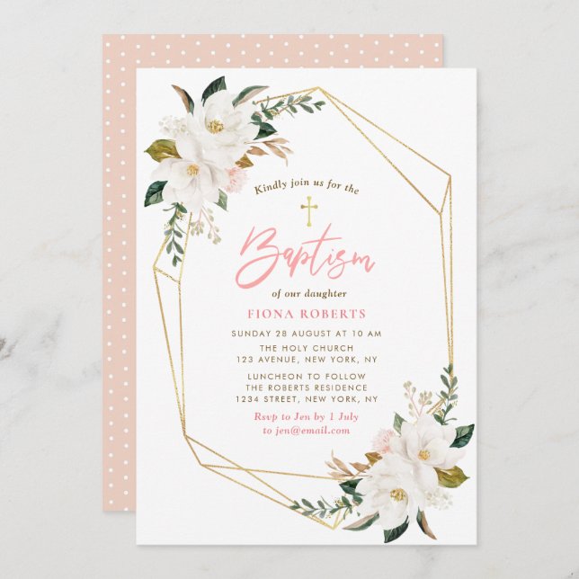 lovely magnolia flowers Baptism invitation (Front/Back)