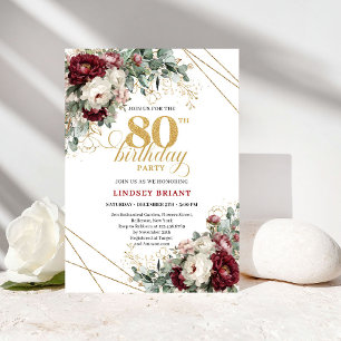 Lovely Marsala Floral Eucalyptus Gold 80 Birthday Invitation