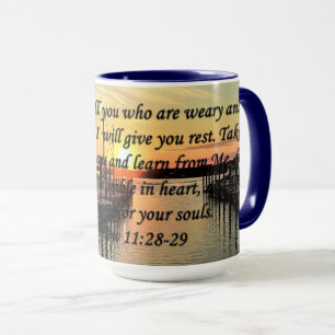 LOVELY MATTHEW 11:28 SUNSET OVER THE LAKE PHOTO MUG