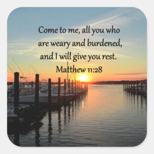 LOVELY MATTHEW 11:28 SUNSET SCRIPTURE SQUARE STICKER