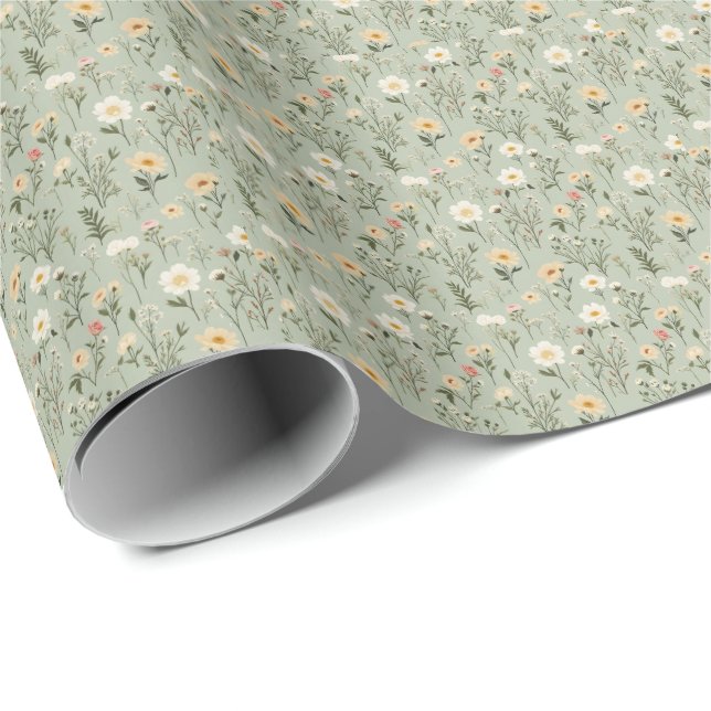 Lovely Meadow Flowers on Green Wrapping Paper (Roll Corner)