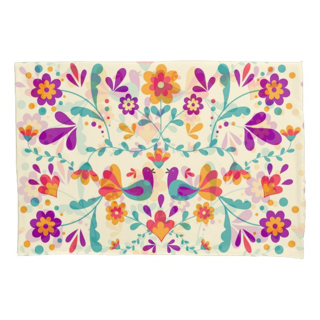 Lovely Mexican Floral And Birds Pillowcase (Front-Left)