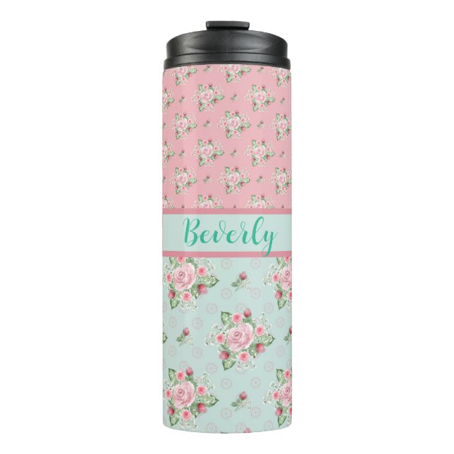 Lovely Mint Green and Pink Floral Patterns Thermal Tumbler (Front)