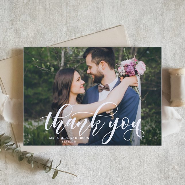 Lovely Modern Calligraphy Horizontal Photo Wedding Thank You Card (Creator Uploaded)