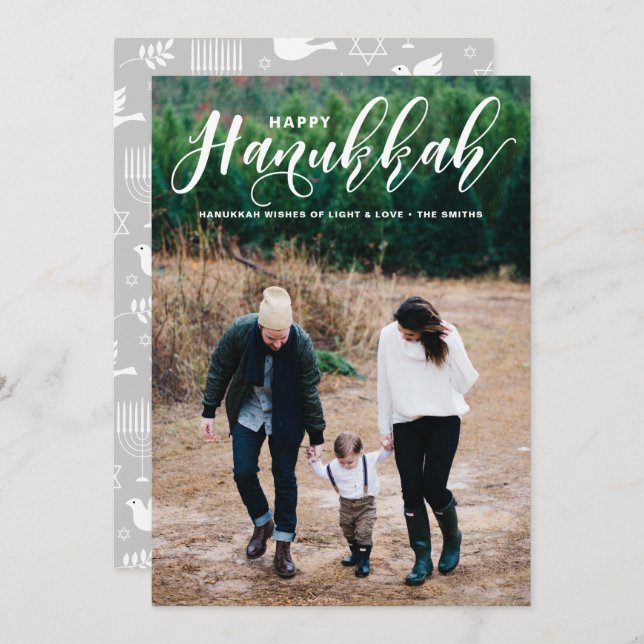 Lovely Modern Calligraphy Photo Happy Hanukkah Holiday Card (Front/Back)
