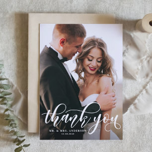 Lovely Modern Calligraphy Wedding Photo Thank You Postcard