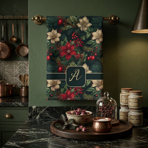 Lovely monogram Christmas chinoiserie floral Tea Towel