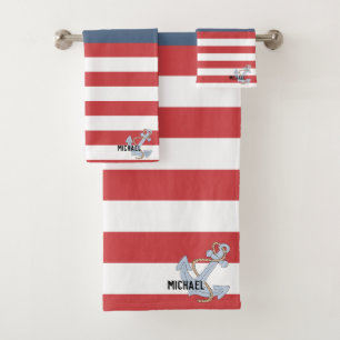 Lovely monogram with cute Anchor Navy and red Bath Towel Set