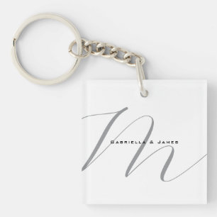 Lovely Monogrammed Black White Grey Calligraphy Key Ring