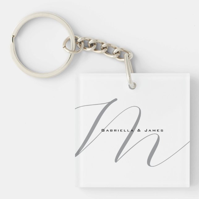 Lovely Monogrammed Black White Grey Calligraphy Key Ring (Front)
