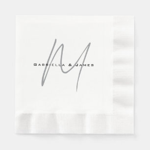 Lovely Monogrammed Black White Grey Calligraphy Napkin