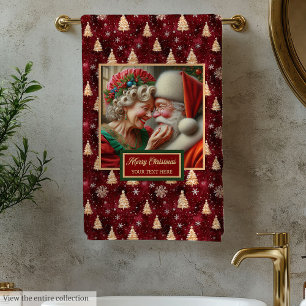 Lovely Mr. and Mrs. Claus Red Gold Bath Towel