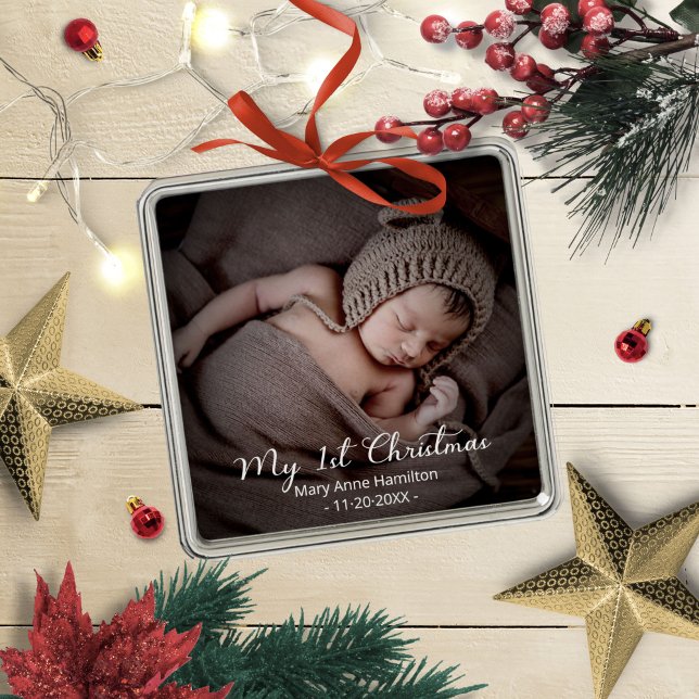 Lovely My First Christmas Newborn Baby Photo Metal Ornament (Creator Uploaded)