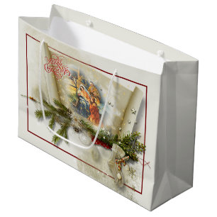 Lovely nativity collage custom holiday large gift bag