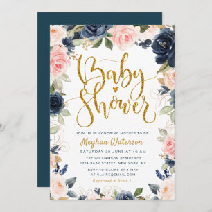 lovely navy and blush floral baby shower invitation