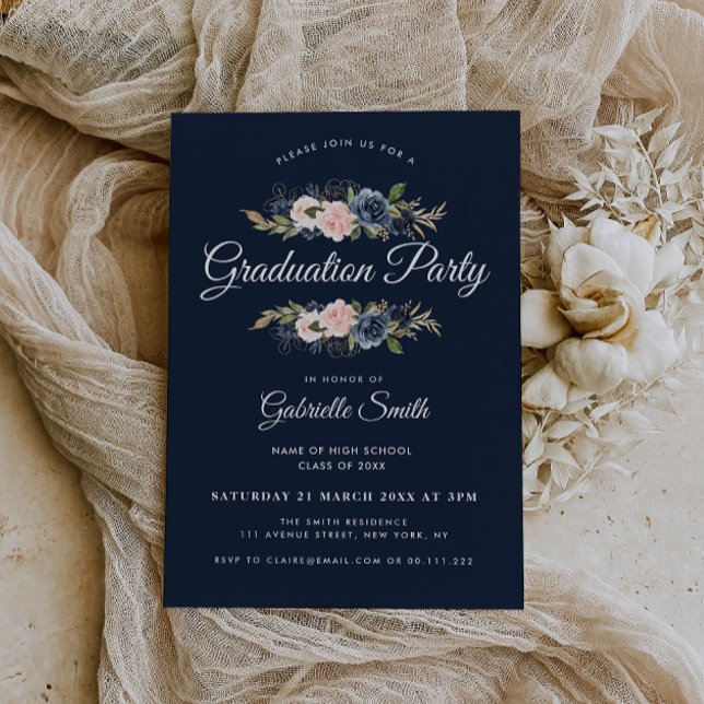 Lovely Navy blue blush floral graduation party Invitation (Creator Uploaded)