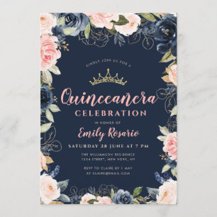 Lovely navy blue & blush floral quinceañera invitation