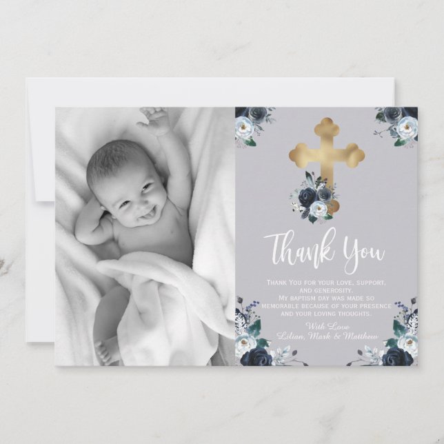 Lovely Navy Blue Floral Baptism Thank You Cards (Front)