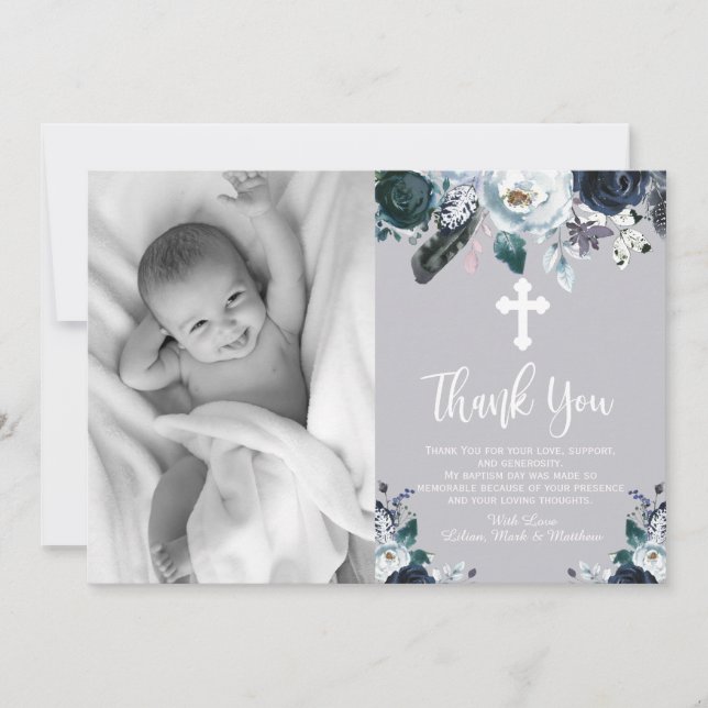Lovely Navy Blue Floral Baptism Thank You Cards (Front)